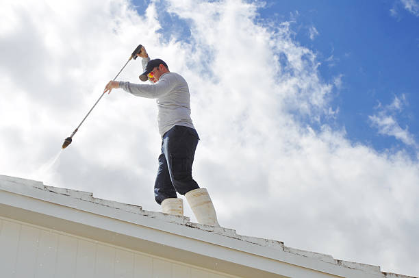 handy man pressure cleaning a roof.